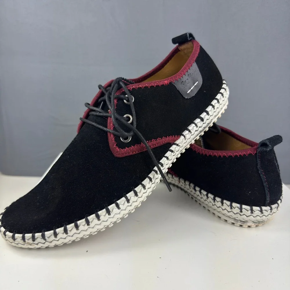 Fashion Casual Shoes Mens 10 Black Suede Burgundy Trim Whipstitch Lace Up Flats